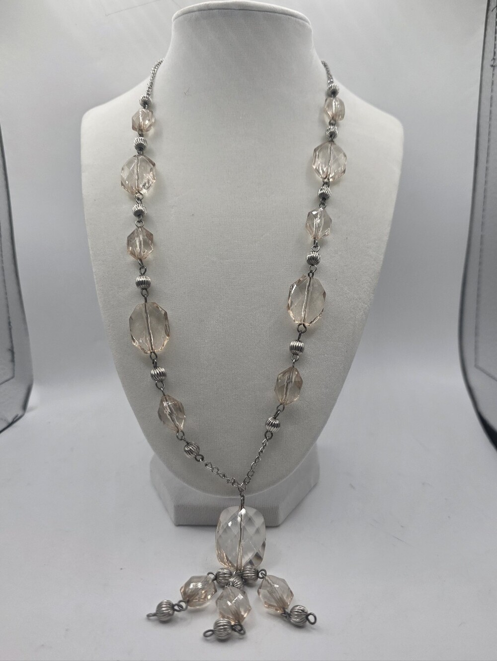 Vintage Silver Tone Clear Champagne Faceted Acrylic Lucite Tassel Necklace 23"